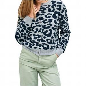 NEW JUMPER1234 merino leopard crew cardigan in mid grey/navy